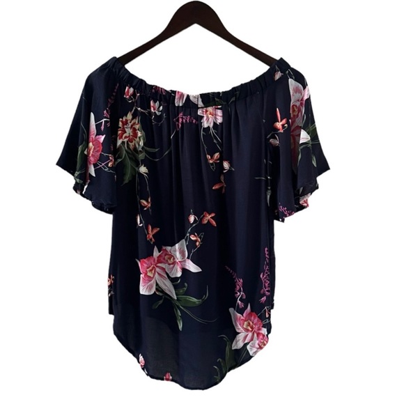 NEW YOINS Navy Floral Print Short Sleeve Off The Shoulder Top Size Small - Picture 4 of 5